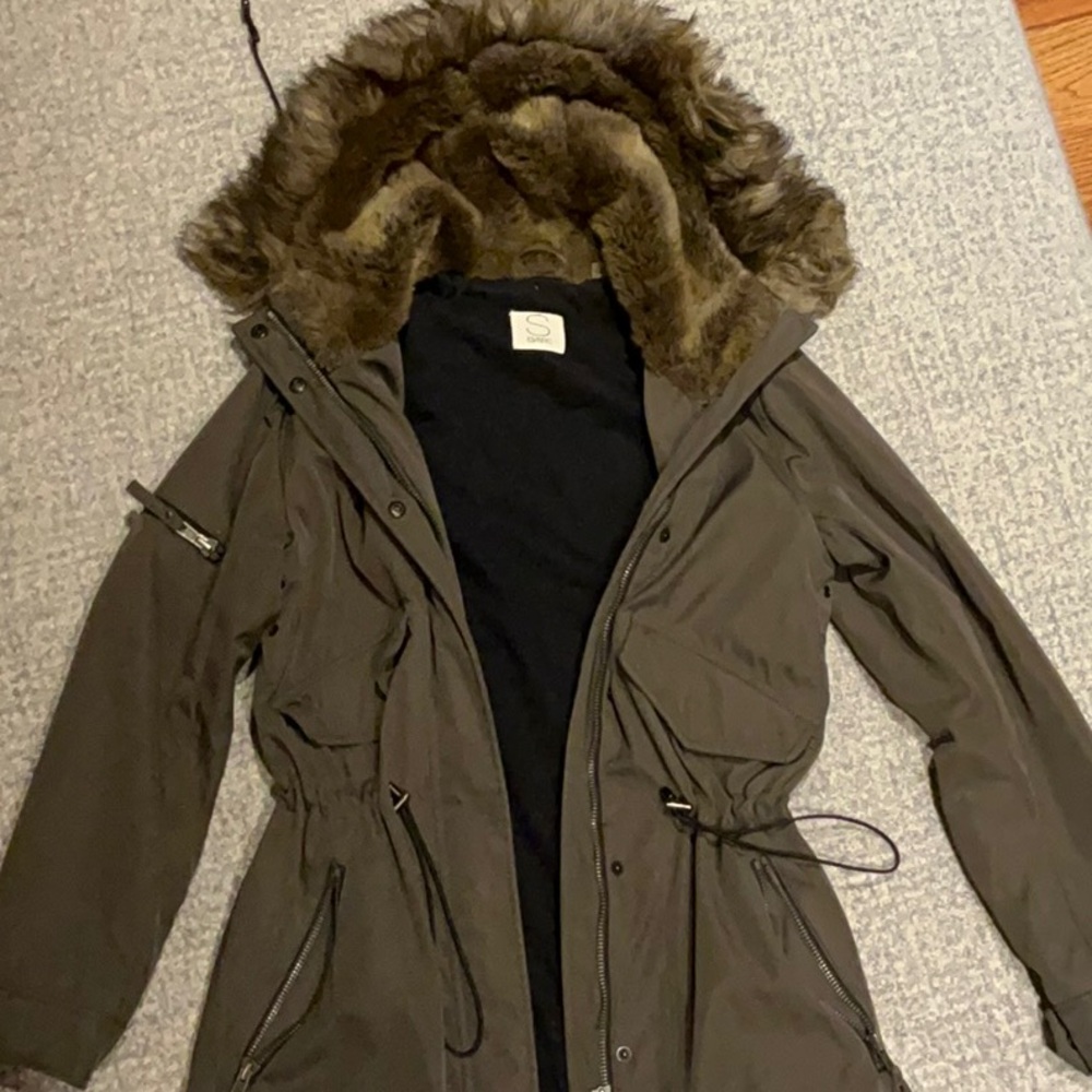 NYC Taupe Green/Brown Jacket with Faux Fur Hood